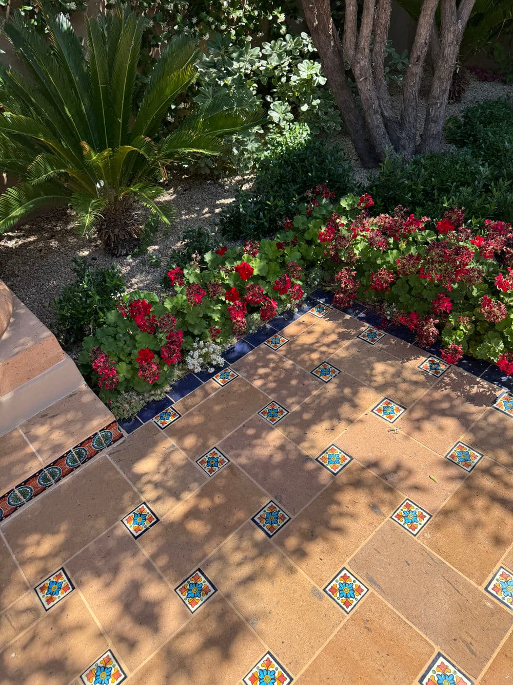 Colorful garden with vibrant red flowers and patterned tile patio surrounded by greenery.