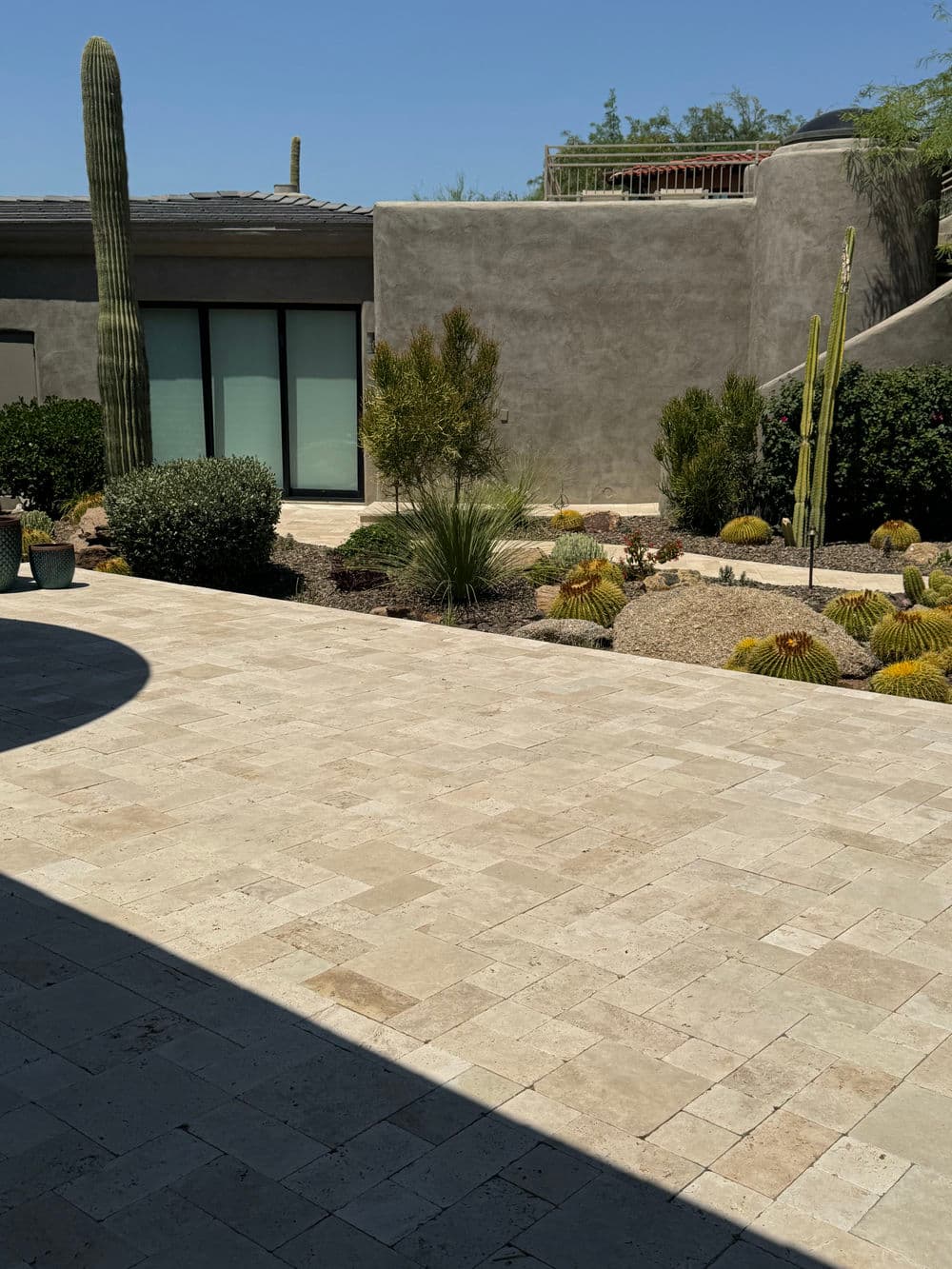 Desert landscape featuring a stone patio, cacti, and lush shrubs in a modern design.
