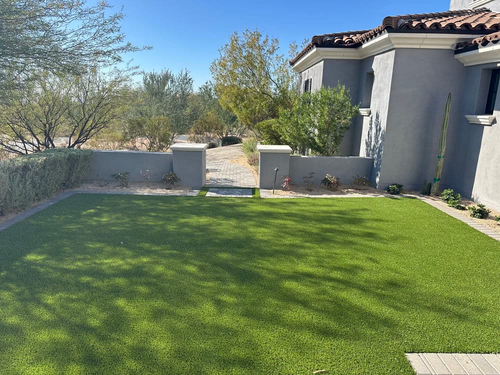 Artificial grass lawn in a sunny desert landscape with modern home and shrubs.