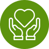 A green circle with two hands holding a heart.